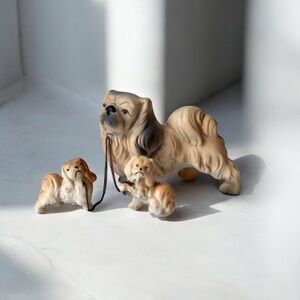 Vintage Ceramic Pekingese Dog Figure Family Mom Puppy Baby